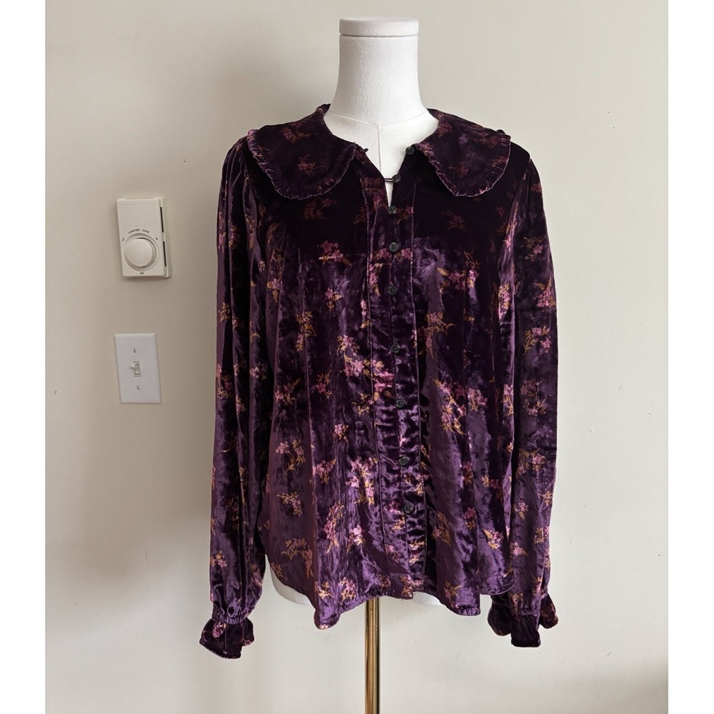 Pilcro Keira Blouse Size Large Velvet Purple Floral Dark Romance Ruffle Gothic